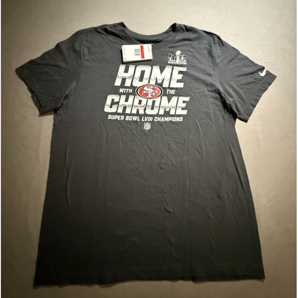 San Francisco 49ers Says Super Bowl LVIII Champions Nike Shirt Mens L Black Tee.